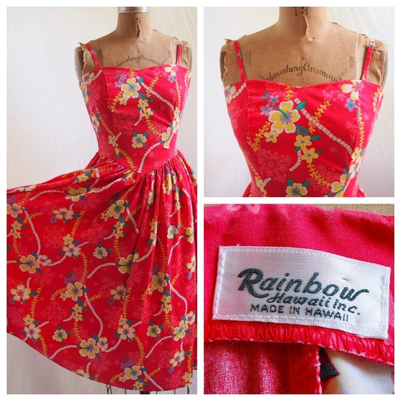 Rainbow Hawaii Dresses Vtg Rainbow Hawaii Red Mod Floral 5s Style